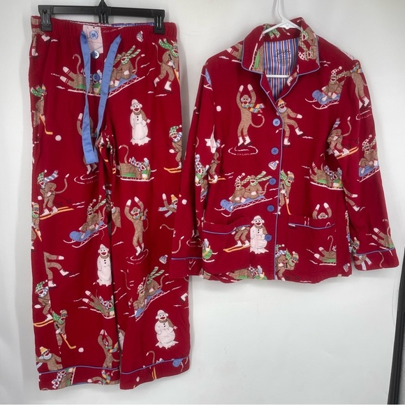 Nick & Nora Other - Nick Nora Small Winter Sports Sock Monkey Flannel Pajamas Shirt Pants Small Set